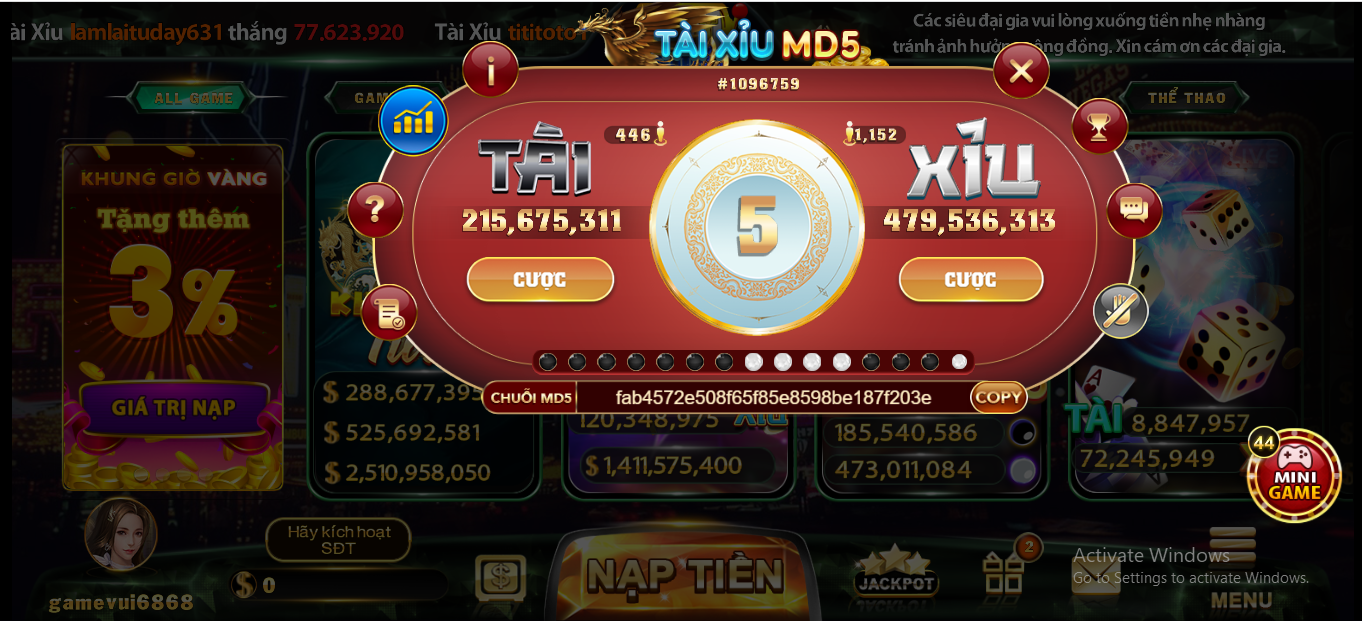 Game tài xỉu MD5 mã hóa tại Go88