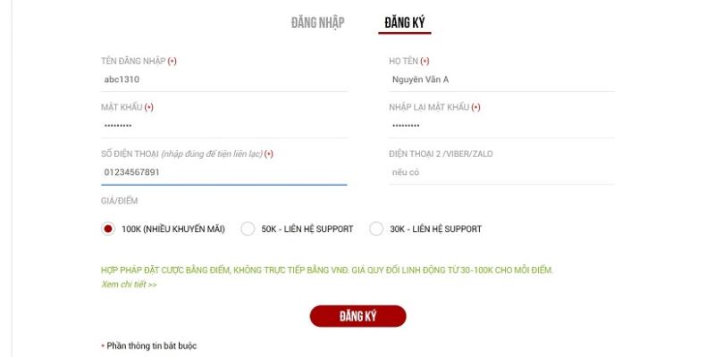 Nhập thông tin đăng ký tài khoản mibet.